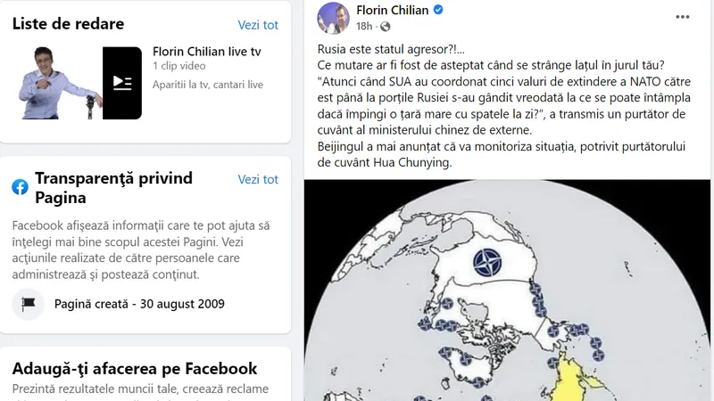 Florin Chilian consideră că Rusia nu este un stat agresor și aduce justificări pentru măcelul din Ucraina Foto: Facebook