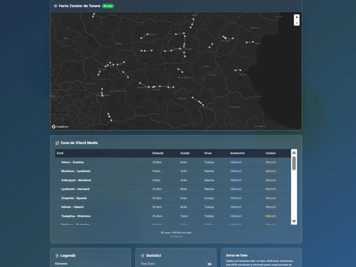 Harta zonelor cu radare fixe de viteză medie în Bulgaria - Foto: captură video / tolltracker.eu