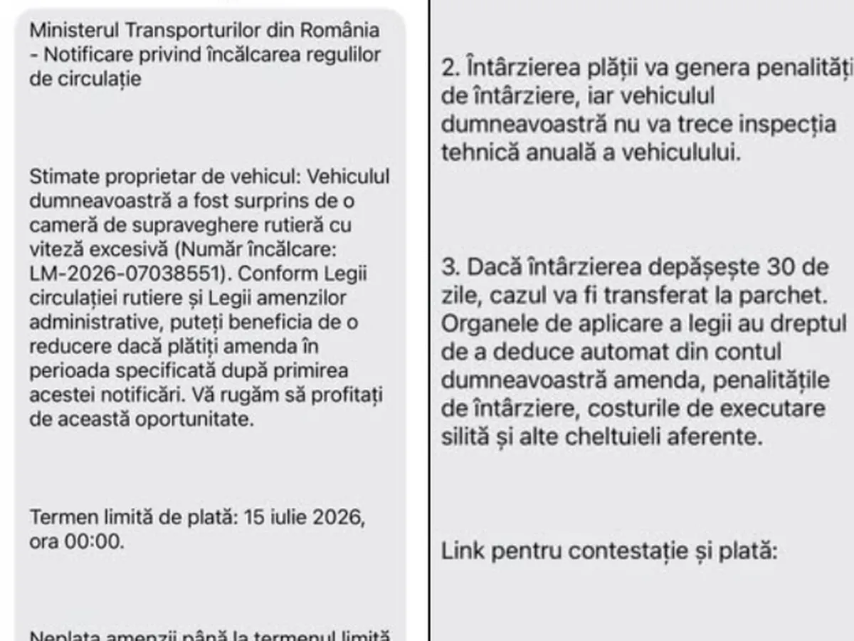 Escrocherie prin SMS, cu o amendă de viteză, în numele Ministerului Transporturilor - Foto: Facebook / CNAIR
