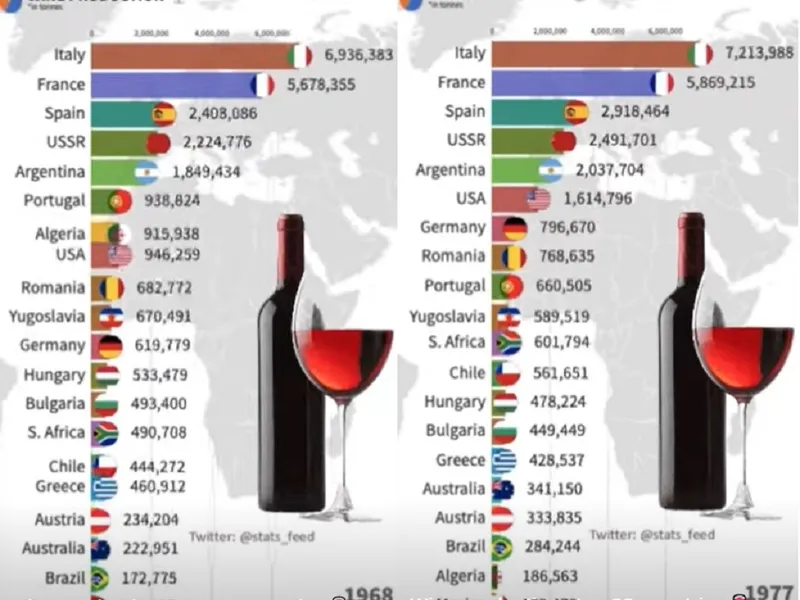 Graficele cu țările producătoare de vinuri din lume Foto: captură World of Statistics/Youtube