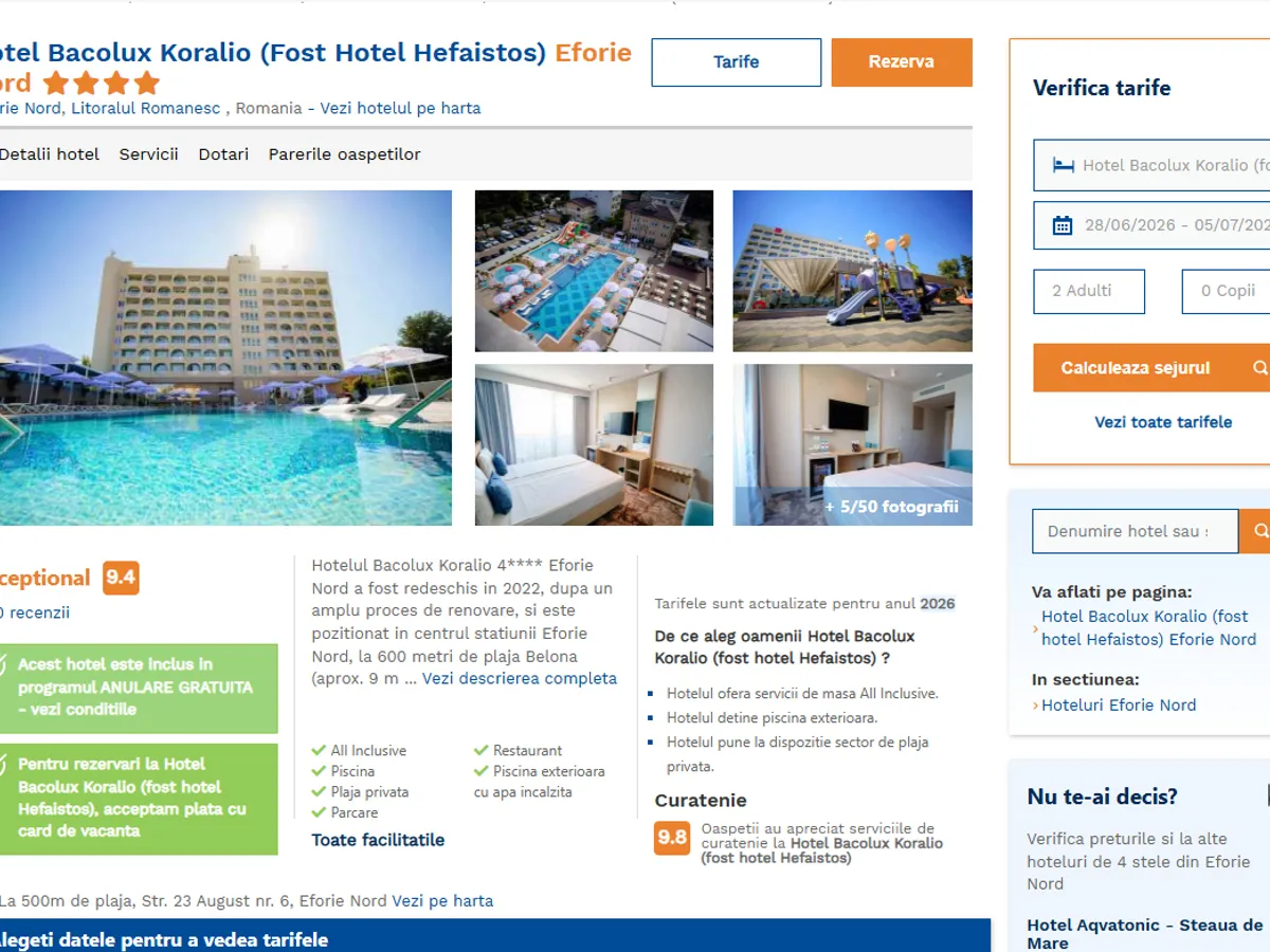 Ofertă la Hotel Koralio Eforie Nord - Foto: captură ecran