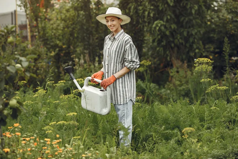 Femeie care stropește plantele din grădină - Foto: Magnific.com (Imagine cu rol ilustrativ)