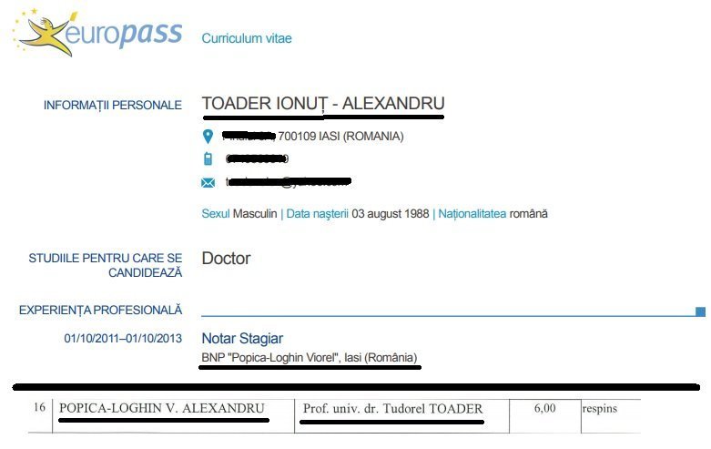 În CV, fiul cel mare al lui Toader a trecut perioada de stagiatură la Popica Loghin. Ulterior, finul Popica Loghin a dorit să-l aibă pe naș la doctorat, dar a fost respins la examenul de admitere