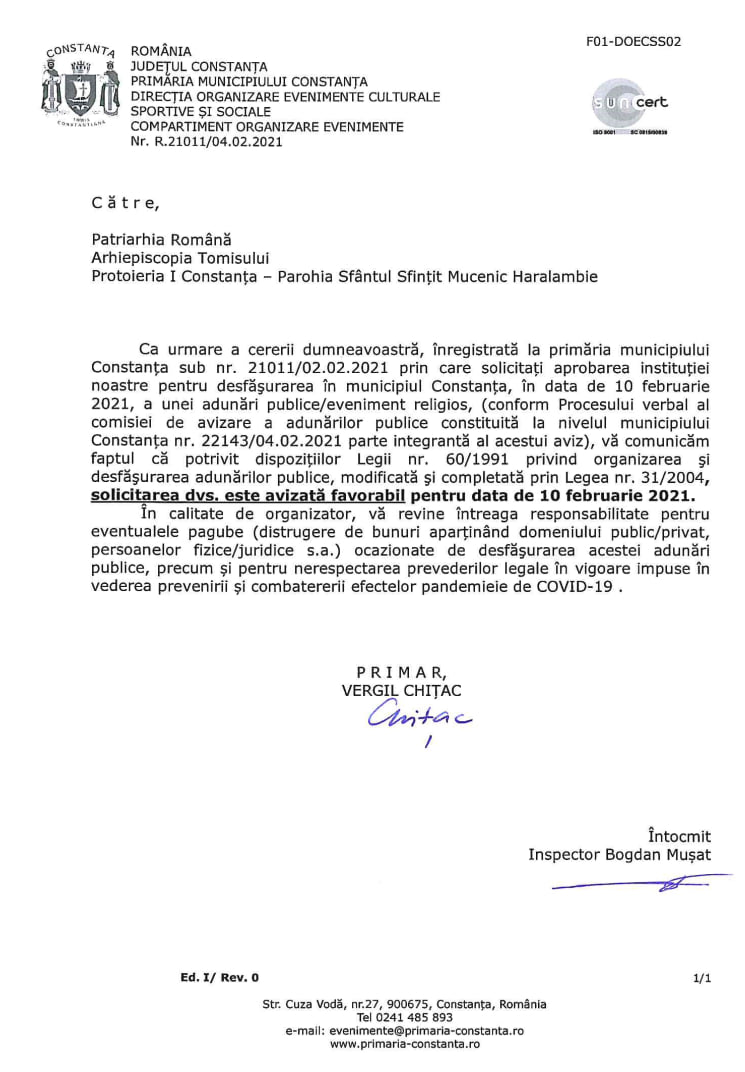 Acordul Primăriei Constața pentru cele trei zile de sărbătoare religioasă, publicat pe Facebook de Arhiepsicopia Tomisului