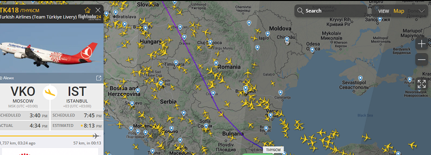 Alertă cu bombă deasupra României: Un avion Turkish de la Moscova, escortat de avioane de luptă. / Foto: news.ro