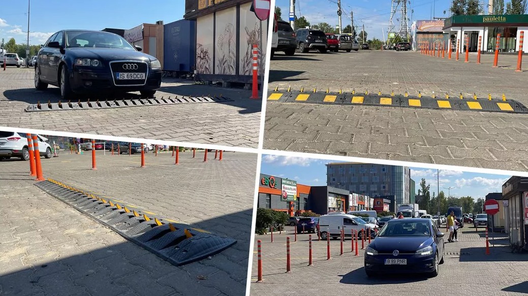 Dispozitive de tăiat cauciucurile în parcarea unui centru comercial din Iași. / Foto: BZI Iasi, Facebook