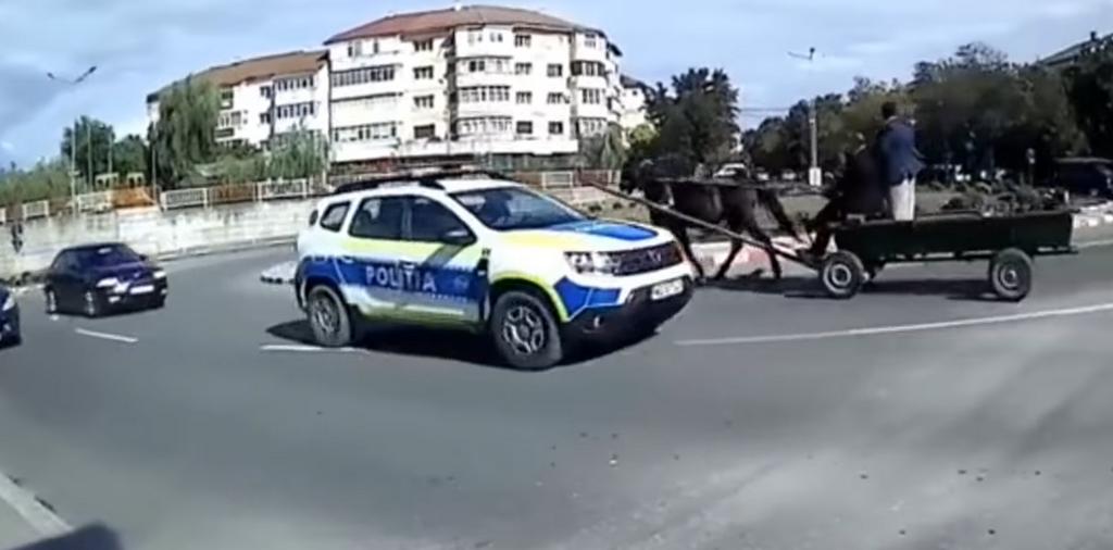 O căruță dă nas în nas cu mașina Poliției în giratoriu, pe cotrasens, în mijlocul orașului. / Foto: captură video
