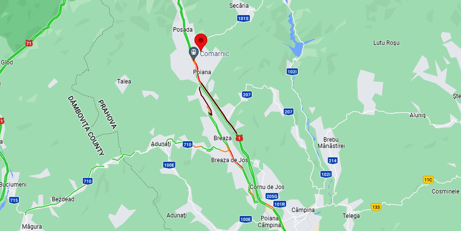 Ambuteiaj pe DN 1. Se circulă deja foarte greu între Nistoreşti - Breaza şi Comarnic - Foto: Google Maps
