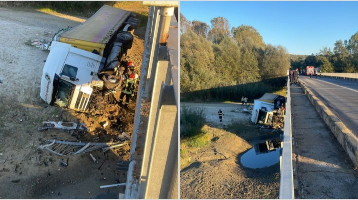 Accident grav în Vâlcea, pe DN 7: Un TIR încărcat cu gresie a căzut de pe un pod - Foto: ISU Vâlcea